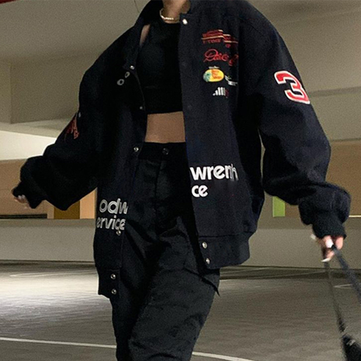 VintageTang潮牌美式复古黑色刺绣...