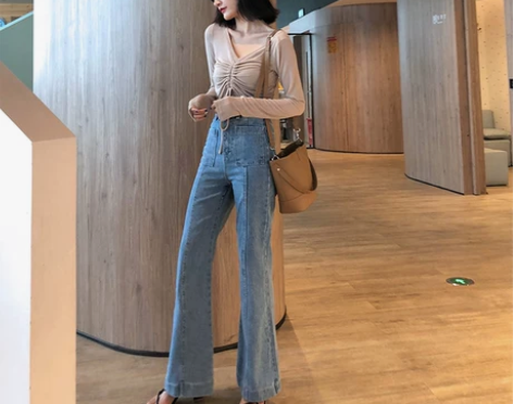 垂感微喇叭高腰阔腿牛仔裤女宽松直筒长裤子女...