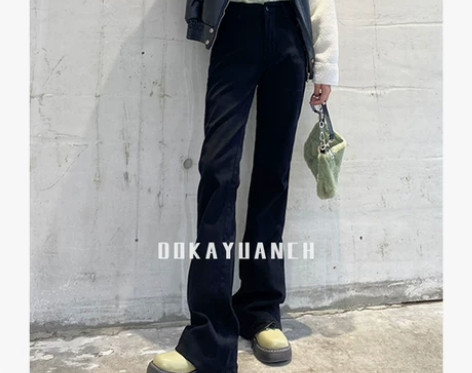 黑色高腰微喇牛仔裤女2021新款春秋美式显...