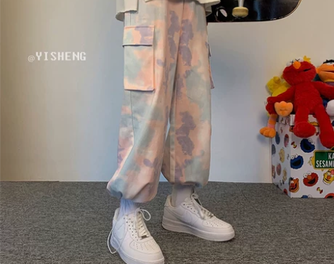 【年货价】粉色扎染工装裤女宽松bf原宿风高...