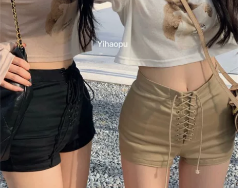 韩版高腰弹力绑带热裤复古短裤子女2022年...