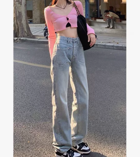 ZAZN2022秋冬新款水洗黑复古阔腿牛仔...