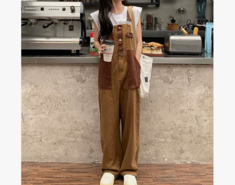 拼色设计感牛仔背带裤女夏季2022新款工装...