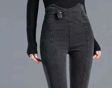 黑灰牛仔裤女小脚裤2022春秋超高腰修身显...