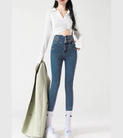 仙吾依超高腰牛仔裤女2022年秋季新款小脚...
