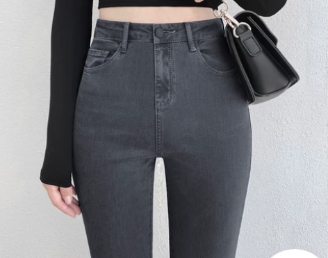 【年终盛典】烟灰色加绒牛仔裤女紧身小脚裤子...