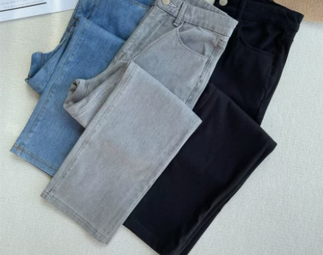 2022春夏超薄亚麻弹力棉浅蓝灰直筒八九分...