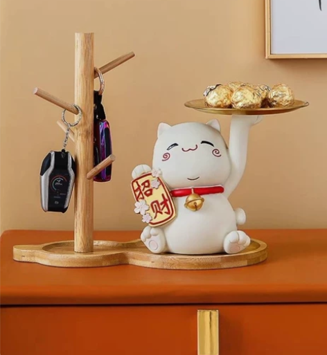 招财猫摆件玄关放钥匙收纳托盘摆设葫芦树杈客...