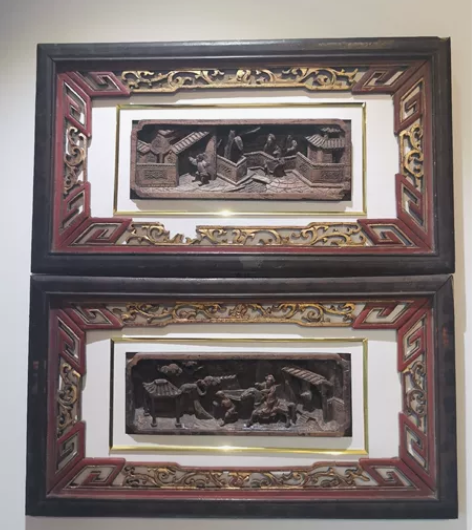 清代木雕，馆藏级别人物故事木雕。楼台景阁层...