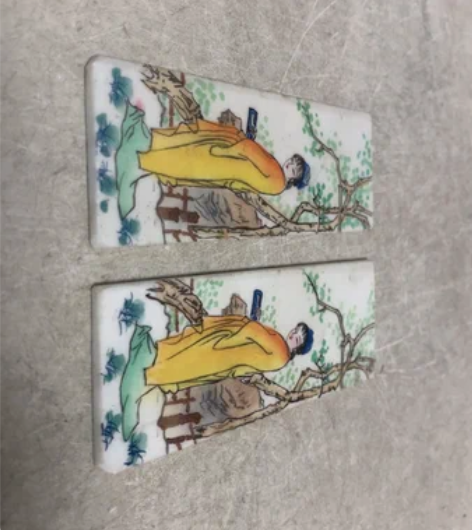 3030.七八十年代双面纯手绘粉彩山水人物...