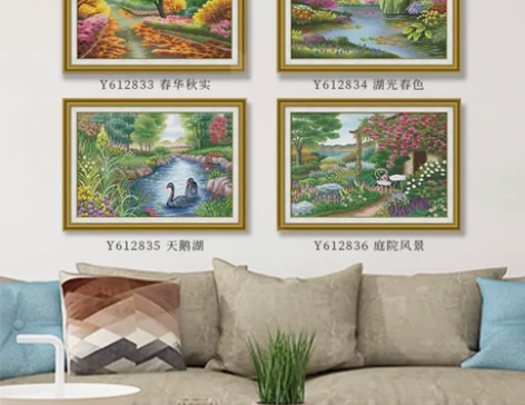 ks十字绣，风景画春华秋实，天鹅湖，湖光春...