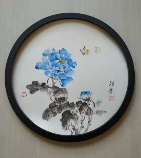 国画牡丹纯手绘已装裱成圆形框作品清新脱俗花...