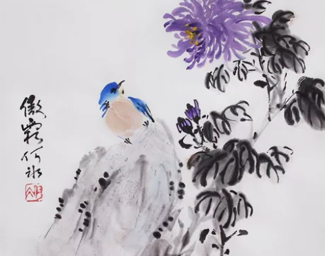 菊花鸟画小品国画真迹纯手绘字画斗方挂画无框...