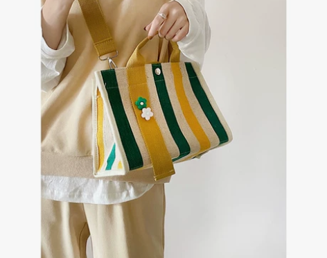 条纹帆布包2021秋冬新款潮单肩斜挎手提商...