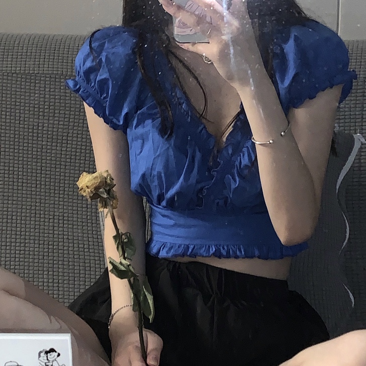 JMSHOP 仙欲樱桃蓝莓 花边V领短袖衬...