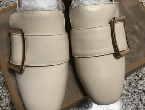 飘哥自制 新款粗跟真皮乐福鞋女一脚蹬米色 ...