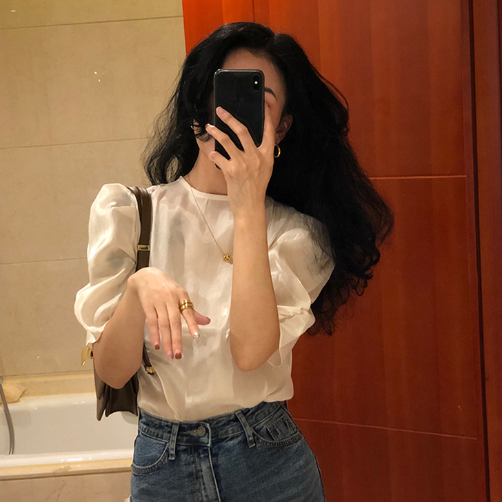 白色短袖衬衫女薄款夏设计感小众别致真丝雪纺...