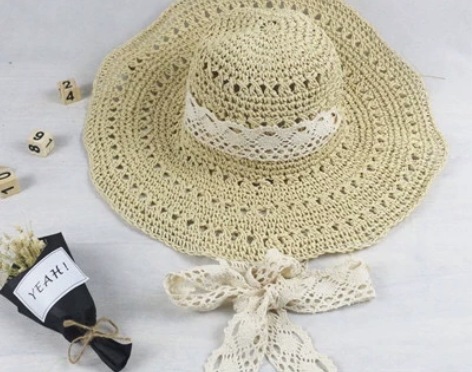 遮阳草帽女蕾丝绑带太阳帽防风沙滩帽折叠旅行...