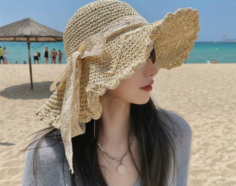 手工编织钩针草帽子女夏季镂空日式蝴蝶结绑带...