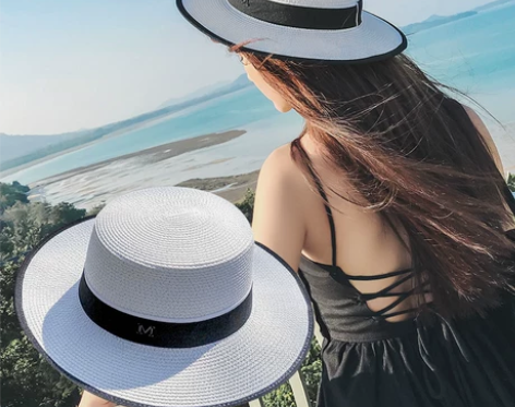 ?草帽女夏天出游沙滩帽海边防晒遮阳帽子平顶...