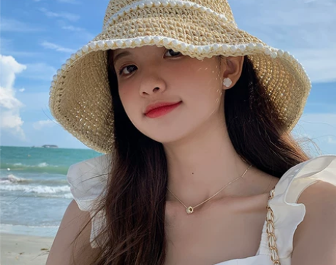 草帽女夏沙滩日系防晒遮阳帽出游度假编织珍珠...