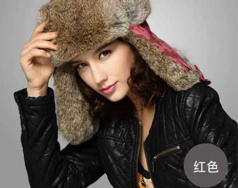 kenmont冬季新款女士红色兔毛雷锋帽风...