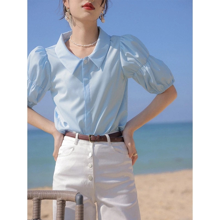 蓝色衬衫女夏薄款别致泡泡袖短款上衣设计感小...