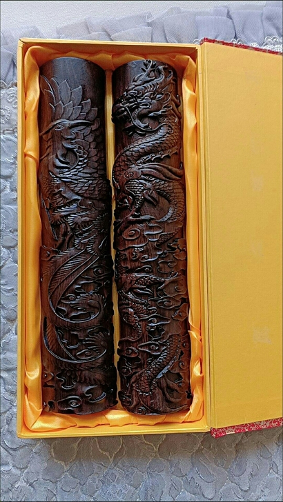 黑檀木弧形镇尺龙凤浮雕实木压纸