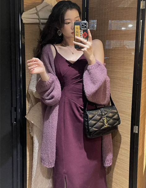 新中式复古吊带连衣裙女秋冬海马毛开衫两件套