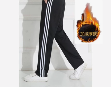 加绒加厚校服裤子男女冬季两条杠藏青深蓝色运...