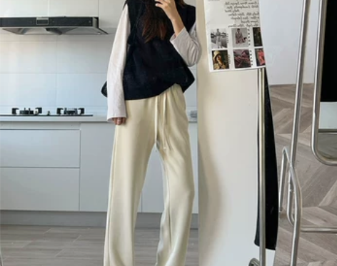 春秋针织阔腿裤女白色高腰垂感休闲宽松拖地直...