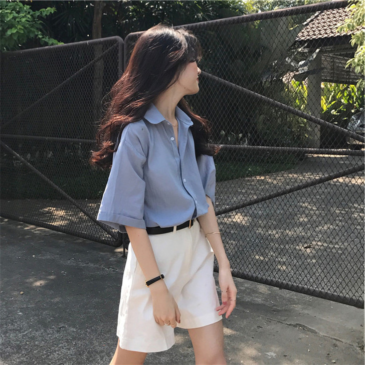 蓝色短袖衬衫女别致上衣设计感小众职业套装洋...