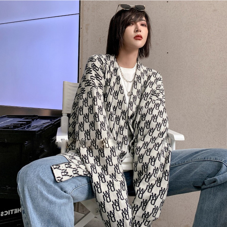 羊毛针织衫提花女秋冬新款韩版宽松中长款字母...