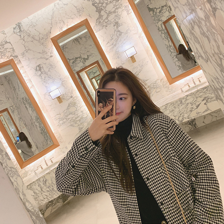 磨毛千鸟格子衬衫女复古港味秋冬款外穿百搭长...