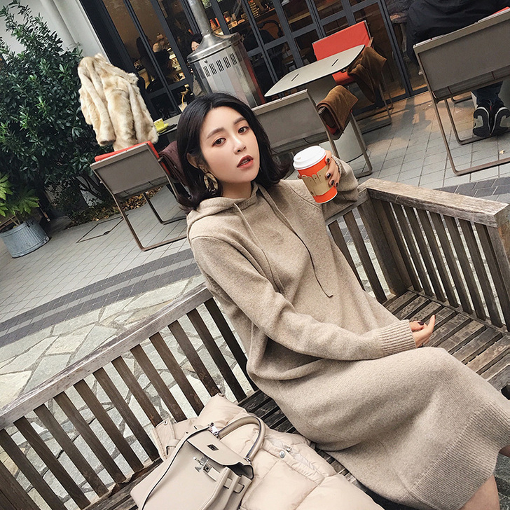 网红毛衣2018新款秋冬羊绒衫连衣裙连帽中...