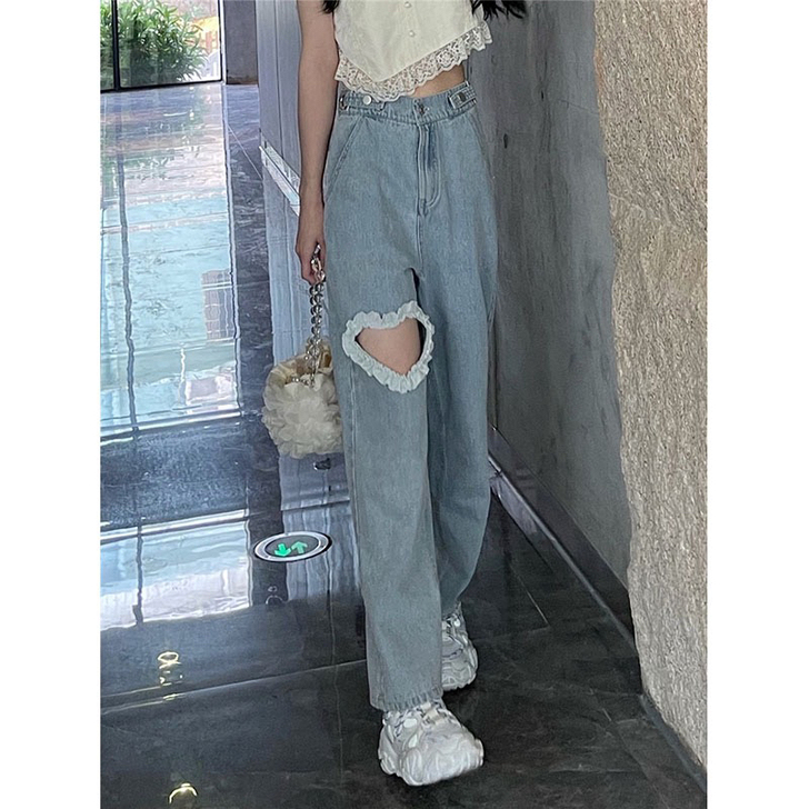 甜酷风辣妹爱心牛仔裤女设计感高腰破洞秋季韩...