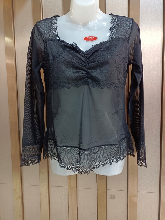 清仓 品牌全新薄款打底衫透明长袖网纱蕾丝衫...