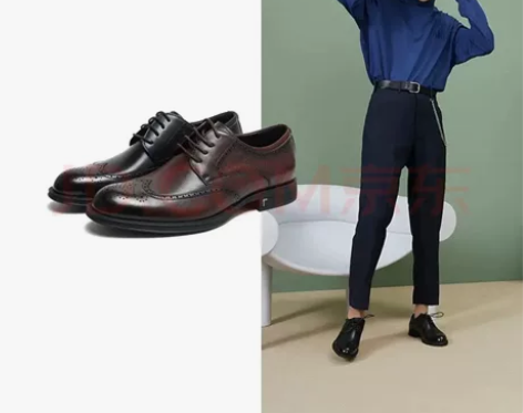 百思图新款时尚英伦风圆头系带方跟男布洛克皮...