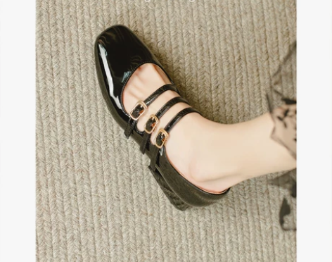 半曲漆皮红色玛丽珍鞋女复古2020春季新款...