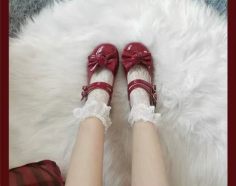 lolita玛丽珍鞋高跟鞋酒红色lo鞋女优...