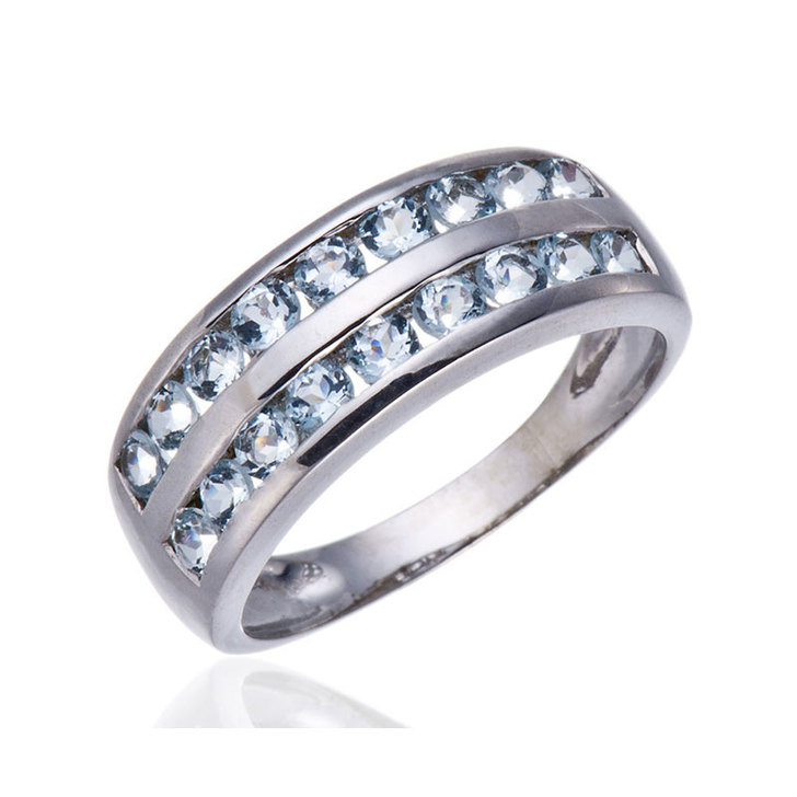 双排轨道镶海蓝宝925银戒指 镶嵌天然彩宝...