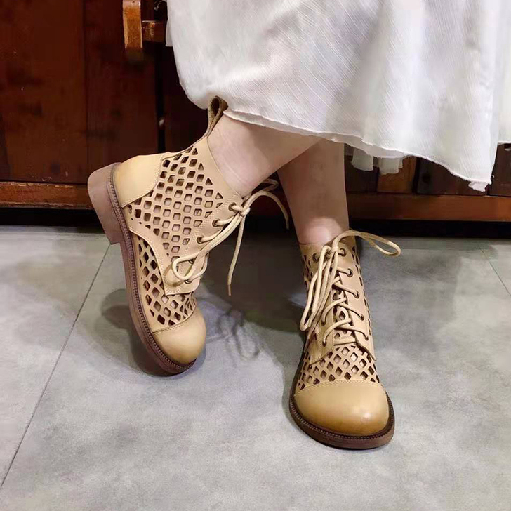 素色复古凉鞋2021新款真皮系带低跟女鞋罗...