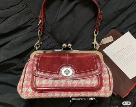 中古vintageC家麂皮酒红千鸟格手提斜...