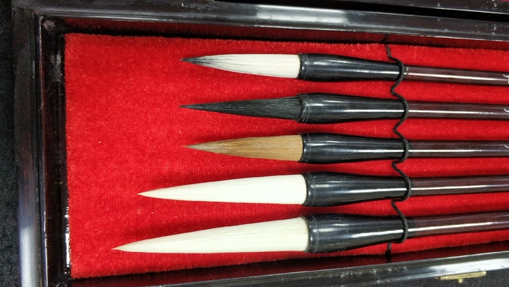 老宣笔库存，很好的一套毛笔五支：福禄寿喜庆...