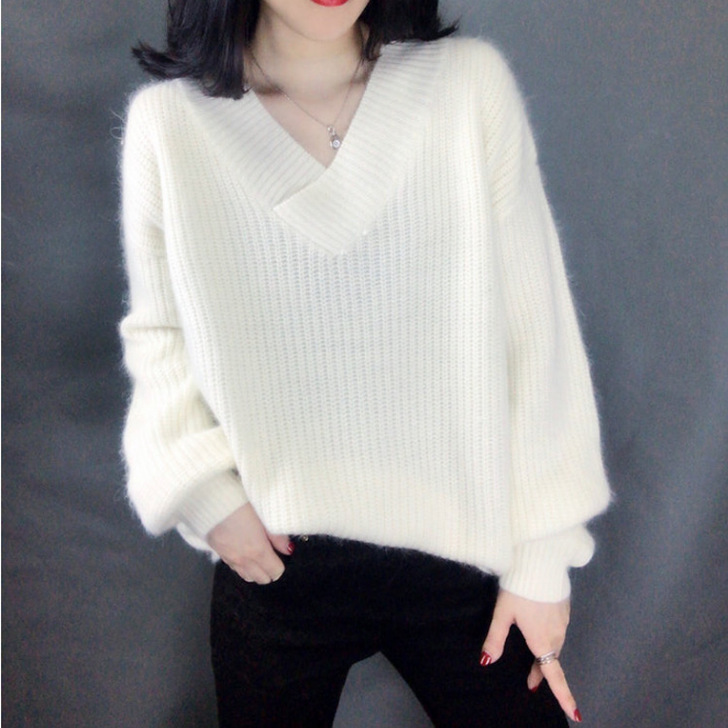针织衫V领羊绒衫女套头宽松慵毛衣