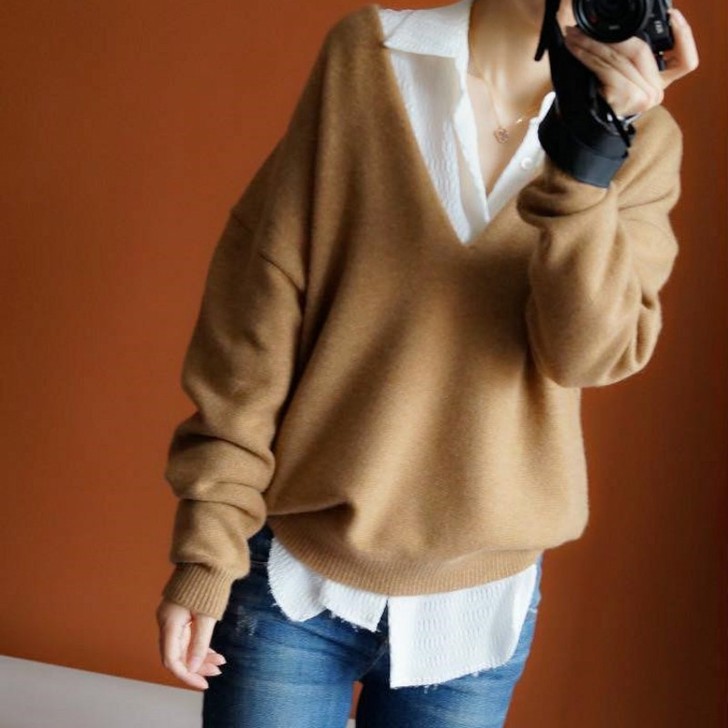 2019新款山羊绒深V领女羊绒衫慵懒宽松廓...