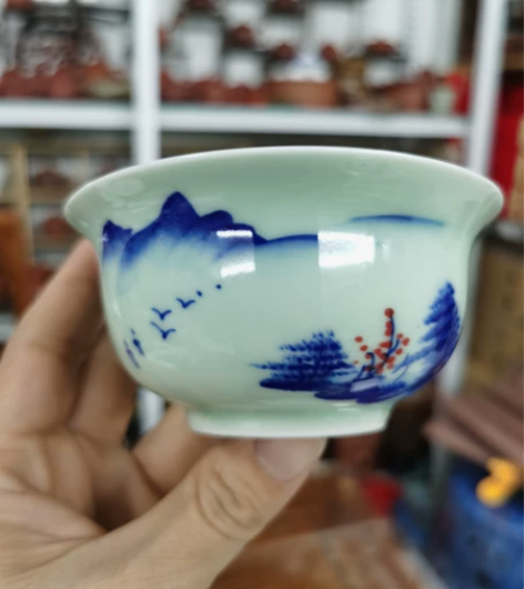 90年代老瓷器，手绘山水三才盖碗，容量16...
