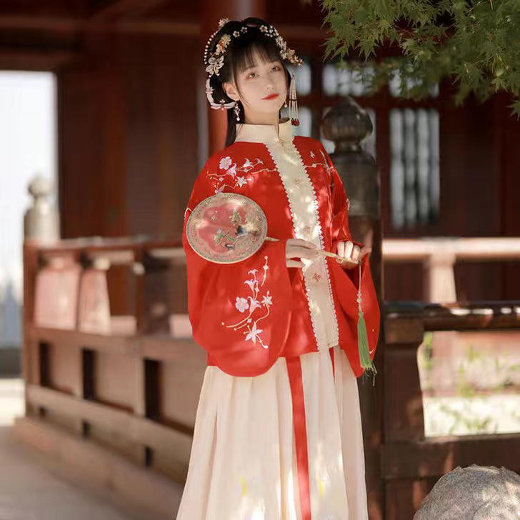 汉服女学生明制立领套装对襟红短衫琵琶袖齐腰...