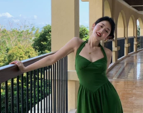 法式裙 法式长裙午后商店自制绿色收腰显瘦挂...