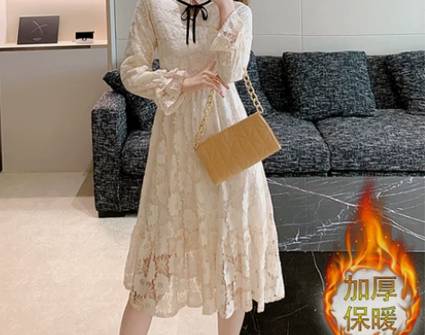 秋冬新款甜美温柔风气质仙女裙蕾丝连衣裙女法...